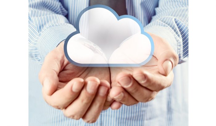 Cloud computing service. Cupped hands holding cloud symbol.